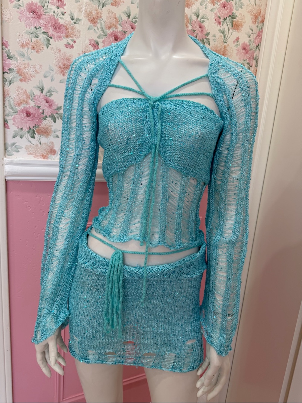Sheer Turquoise Knit Two-Piece Swim Cover-Up Set